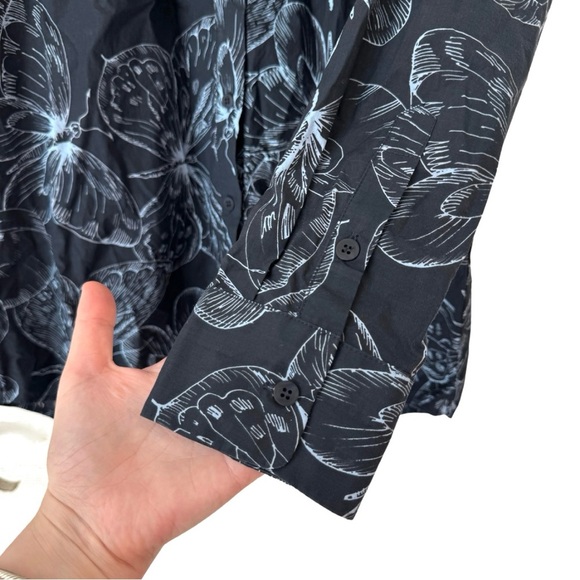 Lela Rose Butterfly Print Cotton‎ Long Sleeve Shirt 8 Navy Blue - Picture 6 of 8